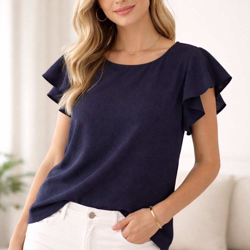 Inclan Studio Navy Flutter Sleeve Blouse Womens L Houston Designer Top